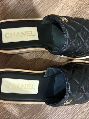 New Chanel style Black Wedge Platform Slide Mules  Size 38 Read Description